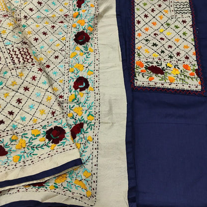 CODE JA250904: Dark blue satin cotton unstitched salwar material hand embroidered on yoke(lining optional)matching spun