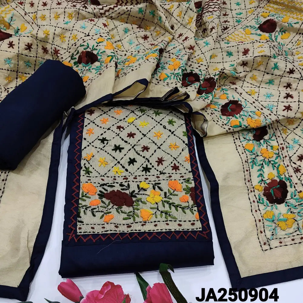 CODE JA250904: Dark blue satin cotton unstitched salwar material hand embroidered on yoke(lining optional)matching spun
