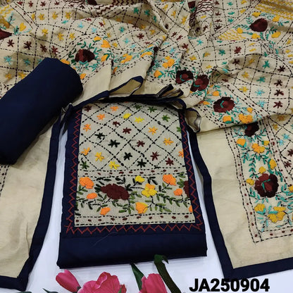 CODE JA250904: Dark blue satin cotton unstitched salwar material hand embroidered on yoke(lining optional)matching spun