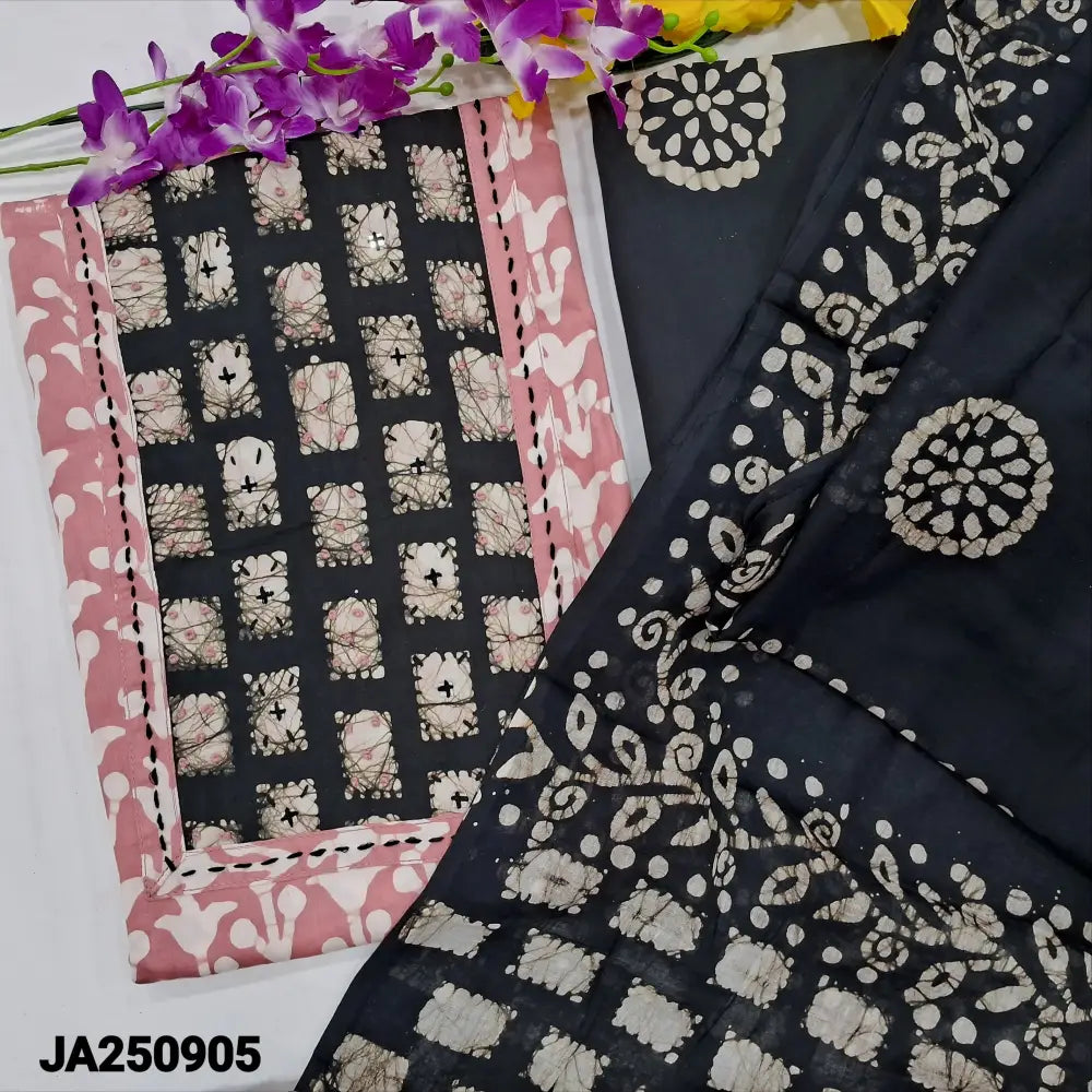 CODE JA250905: Pastel pink original wax batik dyed premium satin cotton unstitched salwar material thread& sequins work
