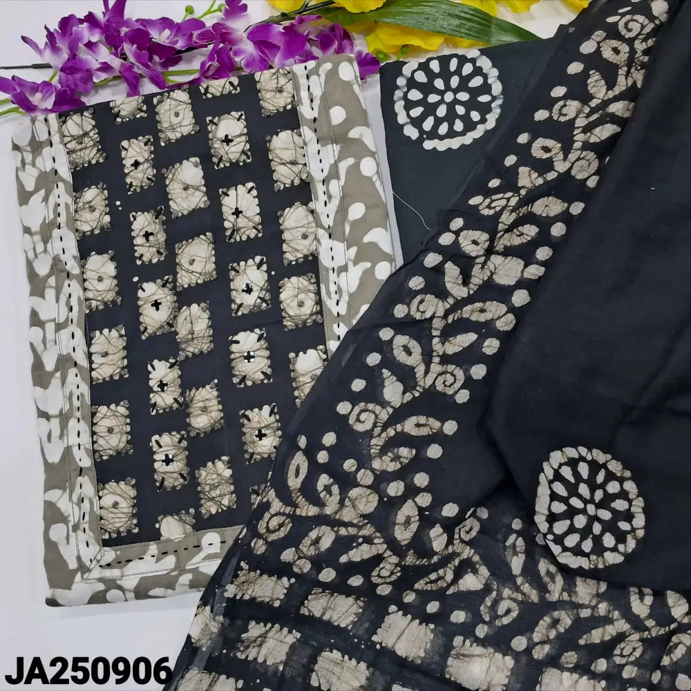 CODE JA250906: Light grey original wax batik dyed premium satin cotton unstitched salwar material thread& sequins work