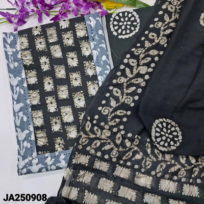 CODE JA250908: Greyish blue original wax batik dyed premium satin cotton unstitched salwar material thread& sequins