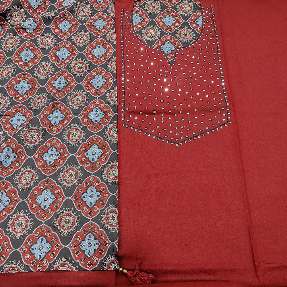 CODE JA250910: Dark maroon premium slub cotton unstitched salwar material faux mirror work on yoke(lining