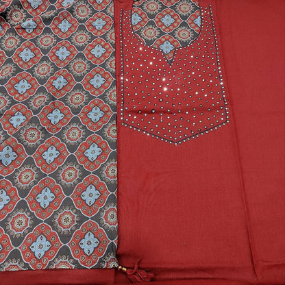 CODE JA250910: Dark maroon premium slub cotton unstitched salwar material faux mirror work on yoke(lining