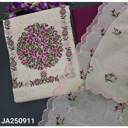 CODE JA250911: Half white super net unstitched salwar material cross stitch embroidered on yoke self embroidered all