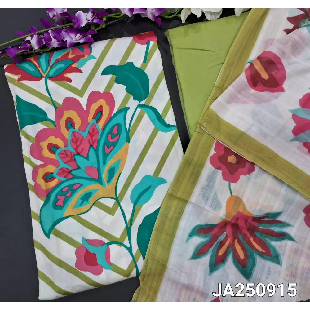 CODE JA250915: Half white base zigzag printed satin cotton unstitched salwar material(lining needed)light green spun