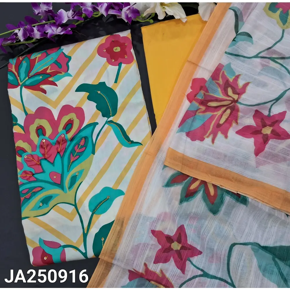 CODE JA250916: Half white base zigzag printed satin cotton unstitched salwar material(lining needed)yellow spun cotton