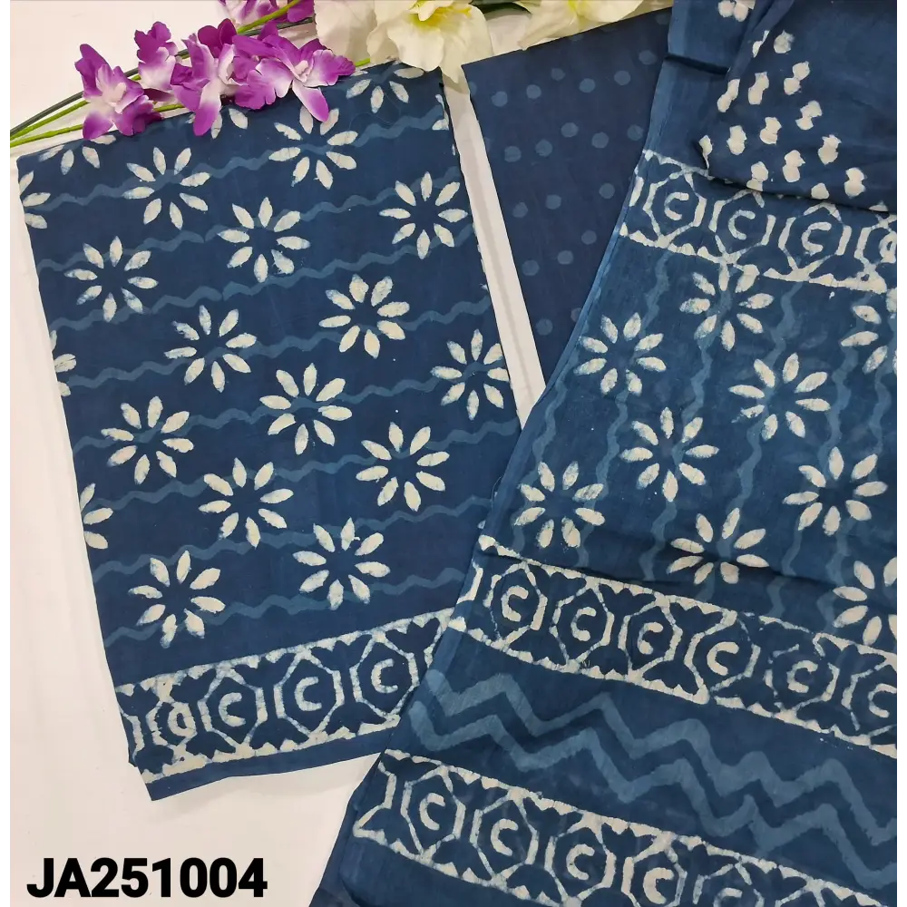 CODE JA251004: Indigo blue hand block printed premium cotton unstitched salwar material(lining optional)hand block
