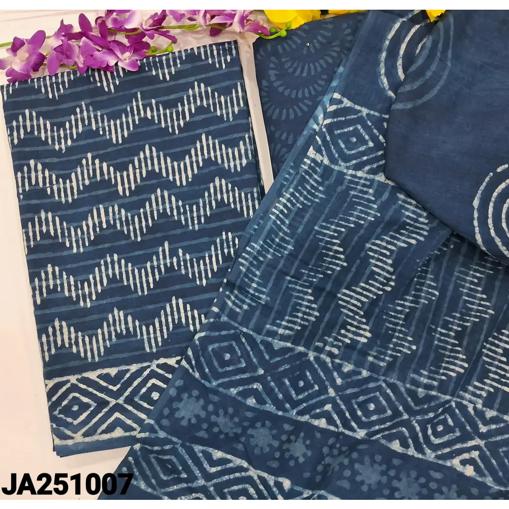 CODE JA251007: Indigo blue hand block printed premium cotton unstitched salwar material (lining optional) hand block