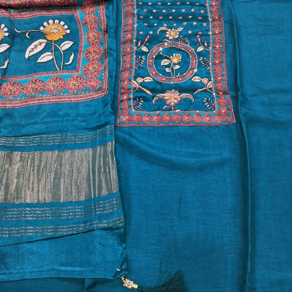 CODE JA251008: Light teal blue pure dola silk unstitched salwar material gajji silk yoke patch with zardozi& sequins