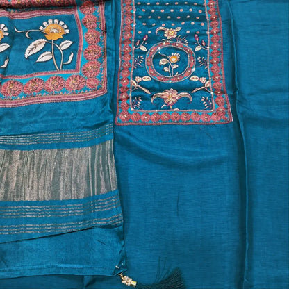 CODE JA251008: Light teal blue pure dola silk unstitched salwar material gajji silk yoke patch with zardozi& sequins