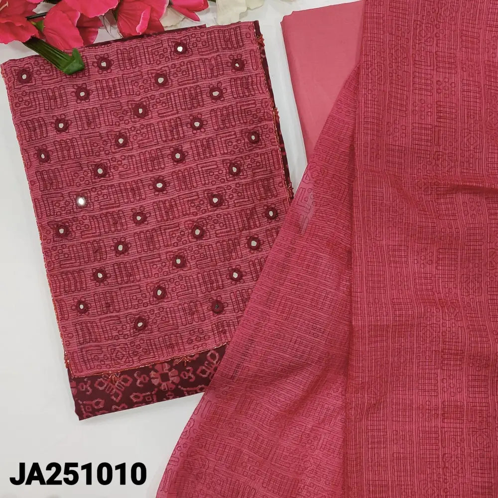 CODE JA251010: Maroon base printed premium cotton unstitched salwar material real mirror& bead work on yoke(lining