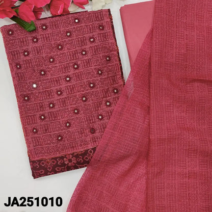 CODE JA251010: Maroon base printed premium cotton unstitched salwar material real mirror& bead work on yoke(lining