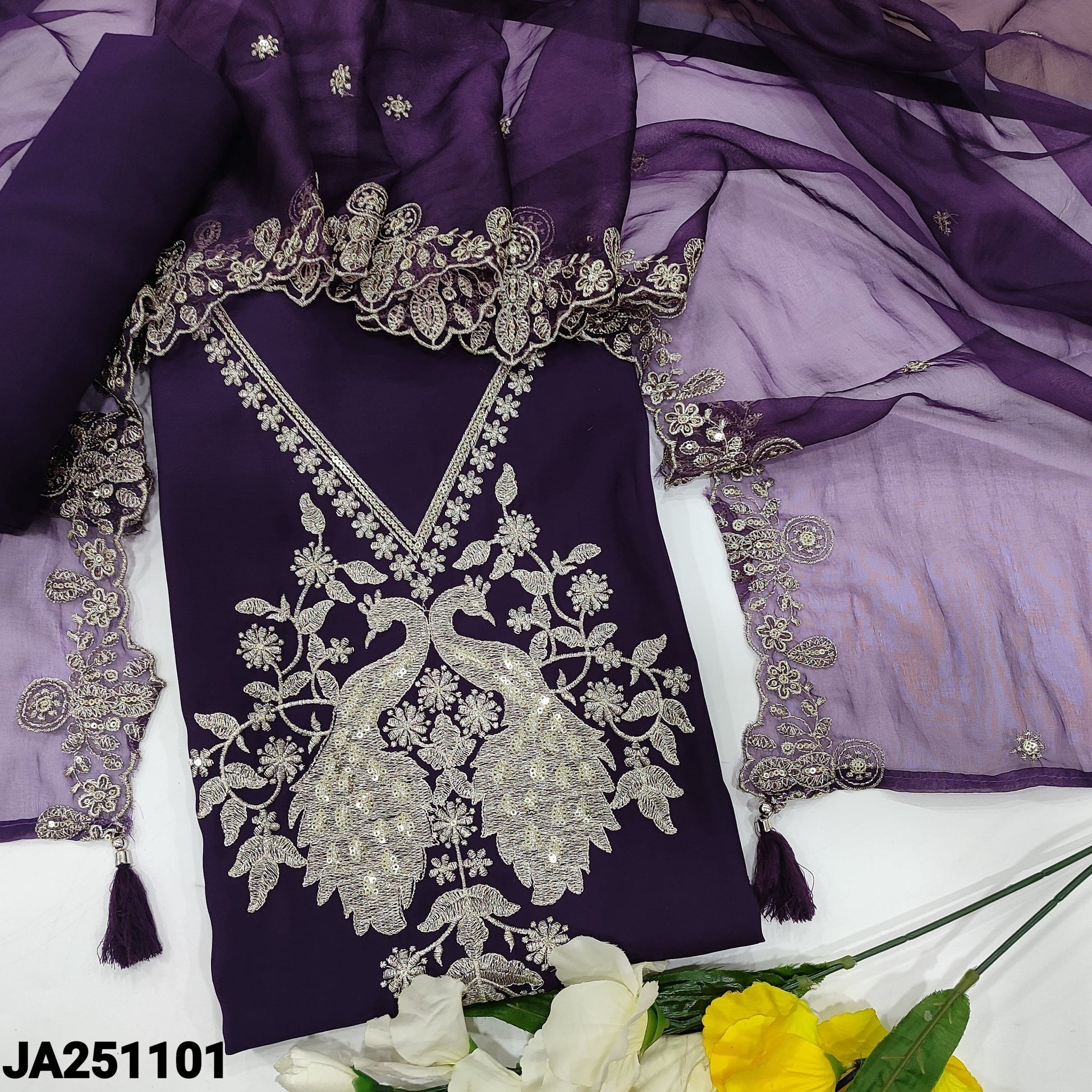 CODE JA251101: Dark purple soft silk cotton unstitched salwar material v neck with zari& sequins work(shiny fabric