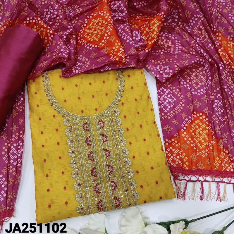 CODE JA251102: Bright mango yellow fancy silk cotton unstitched salwar material thread& zari buttas all over(thin