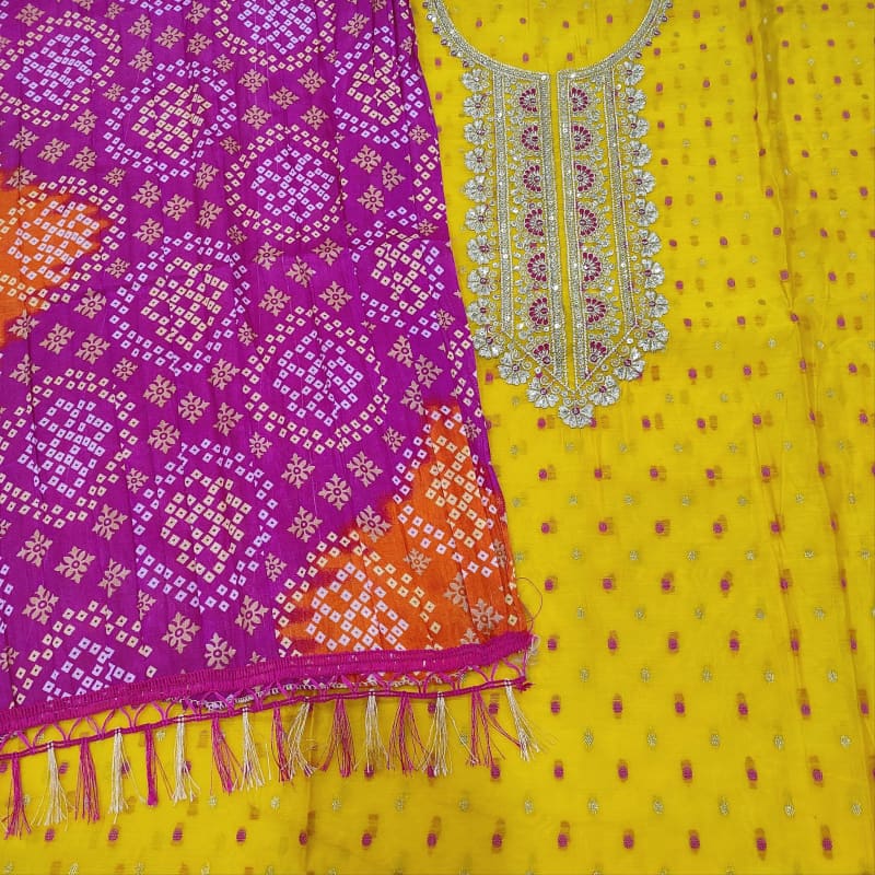 CODE JA251102: Bright mango yellow fancy silk cotton unstitched salwar material thread& zari buttas all over(thin