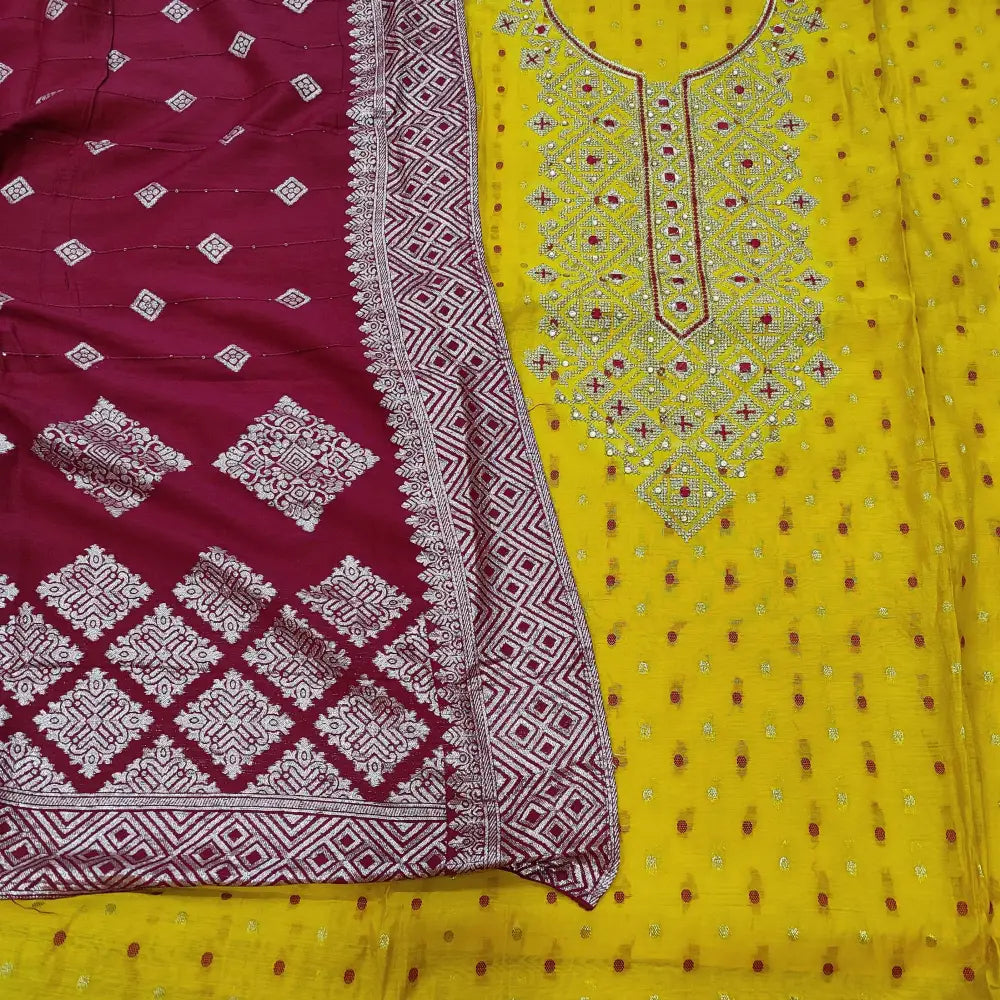 CODE JA251103: Bright mango yellow fancy silk cotton unstitched salwar material thread& zari buttas all over(thin