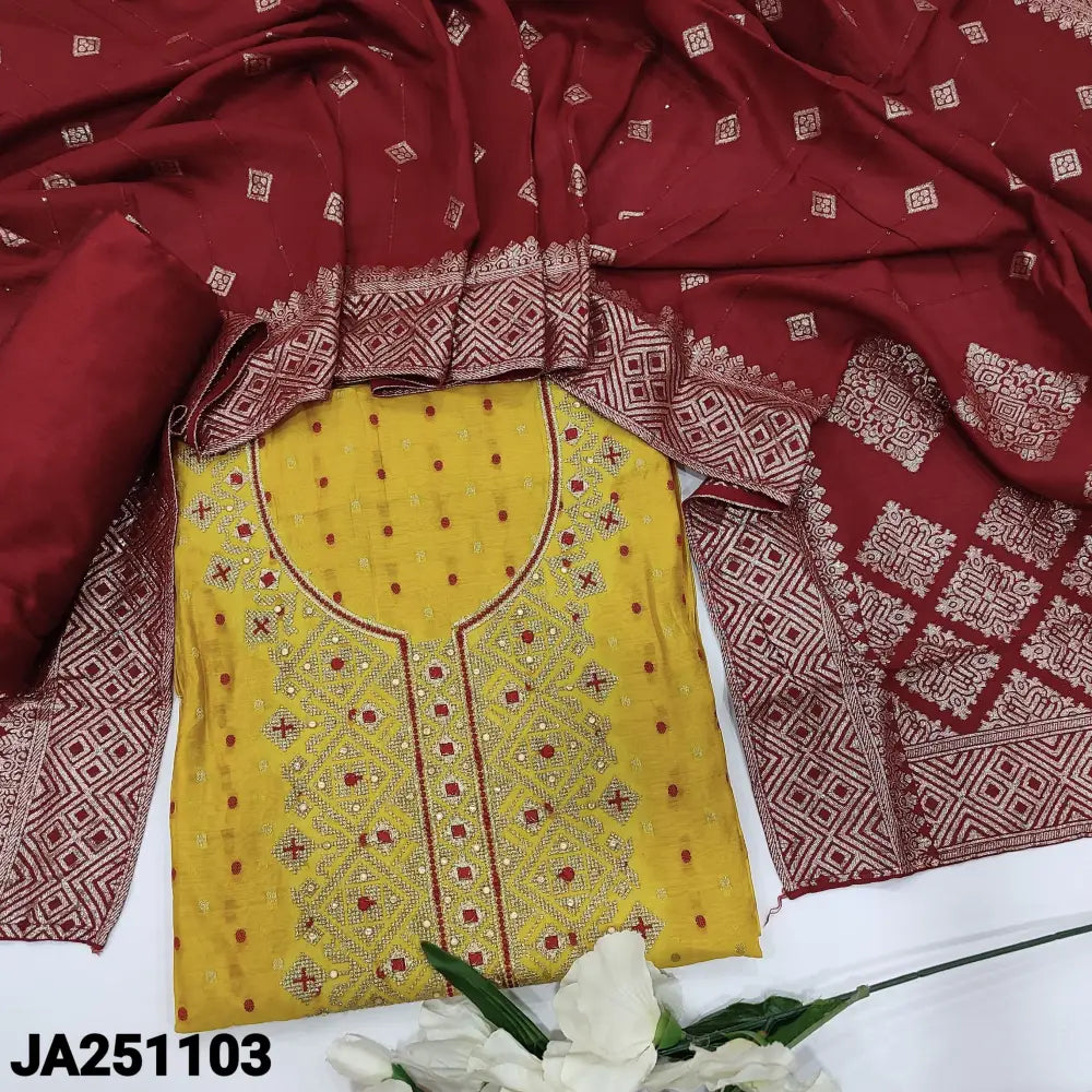 CODE JA251103: Bright mango yellow fancy silk cotton unstitched salwar material thread& zari buttas all over(thin
