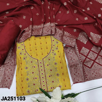 CODE JA251103: Bright mango yellow fancy silk cotton unstitched salwar material thread& zari buttas all over(thin