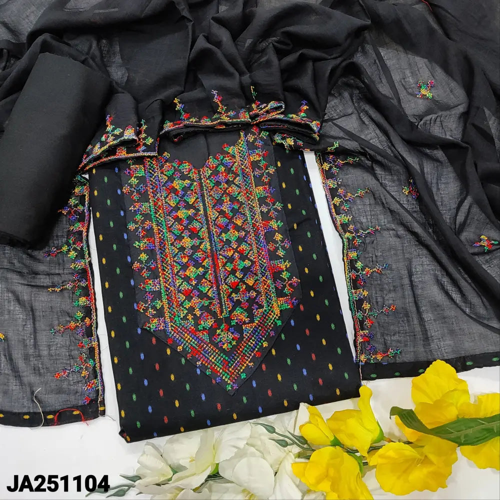 CODE JA251104: Black base mixed cotton unstitched salwar material cross stitch embroidered on yoke multi color thread