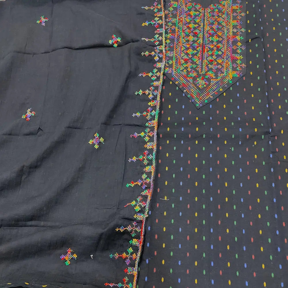 CODE JA251104: Black base mixed cotton unstitched salwar material cross stitch embroidered on yoke multi color thread