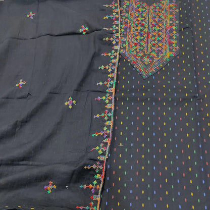 CODE JA251104: Black base mixed cotton unstitched salwar material cross stitch embroidered on yoke multi color thread