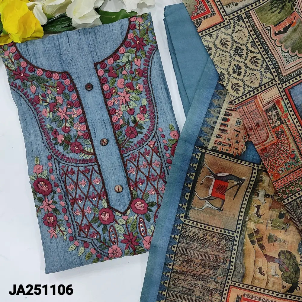 CODE JA251106: Dark bluish grey digital printed silk cotton unstitched salwar material rich hand embroidered