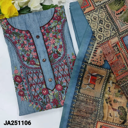 CODE JA251106: Dark bluish grey digital printed silk cotton unstitched salwar material rich hand embroidered