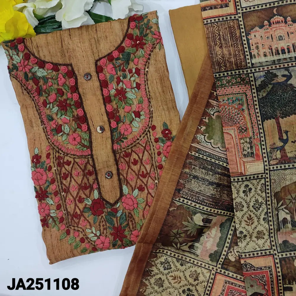 CODE JA251108: Light sand brown digital printed silk cotton unstitched salwar material rich hand embroidered