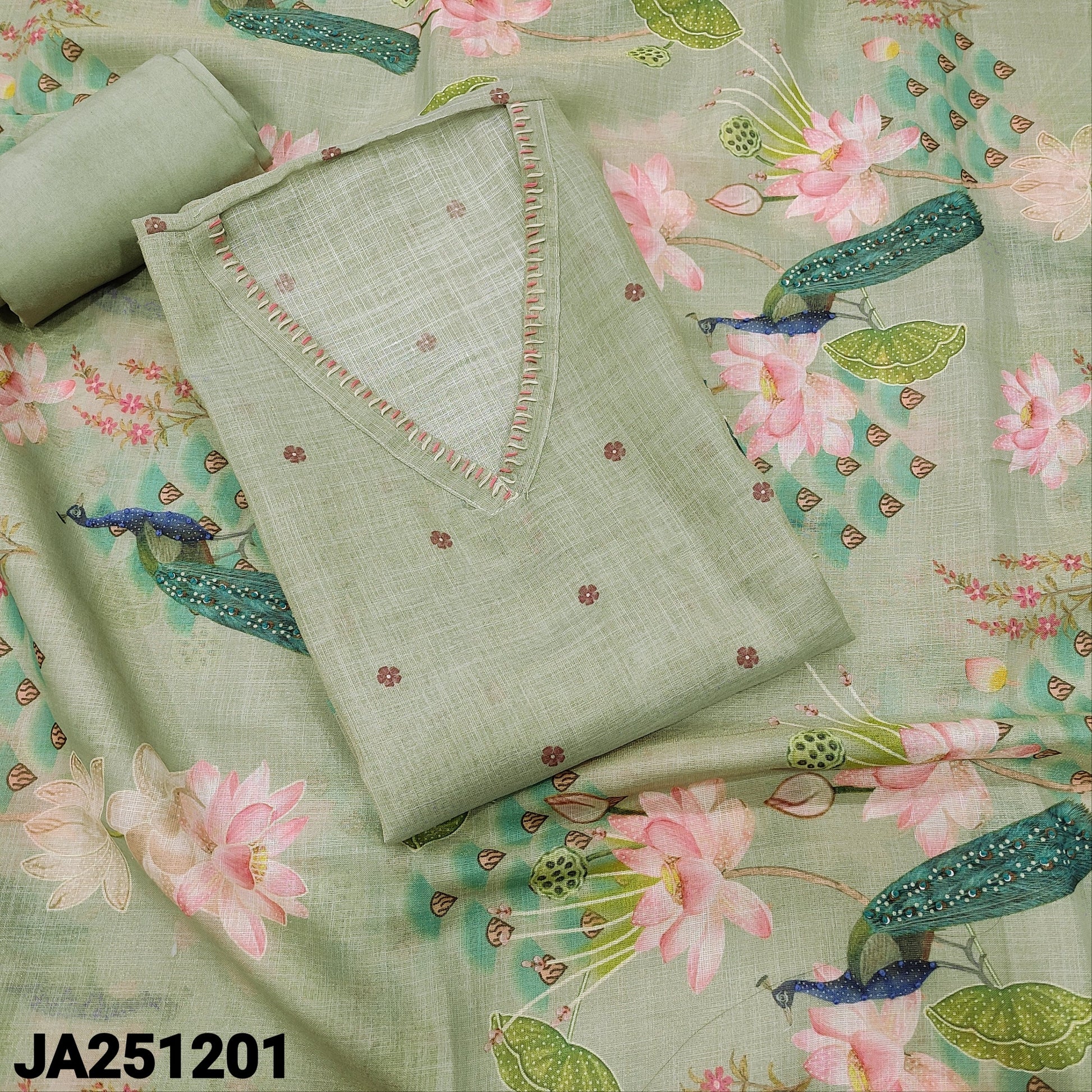 CODE JA251201: Greenish grey with golden tint pure tissue linen unstitched salwar material v neck thread work all