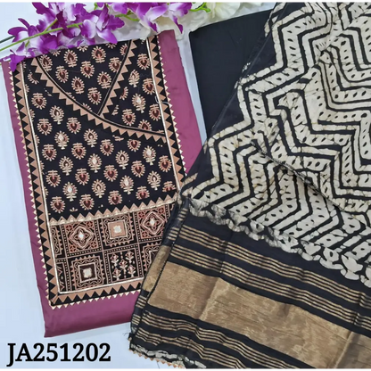 CODE JA251202: Light beetroot purple satin cotton unstitched salwar material ajrak printed yoke with zari work(lining