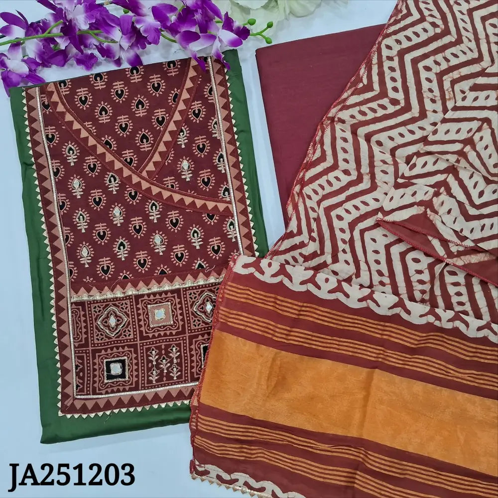 CODE JA251203: Green satin cotton unstitched salwar material ajrak printed yoke with zari work(lining optional)maroon