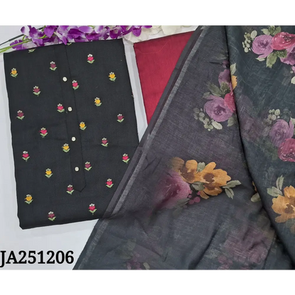 CODE JA251206: Black semi linen unstitched salwar material fancy buttons on yoke embroidered& sequins work