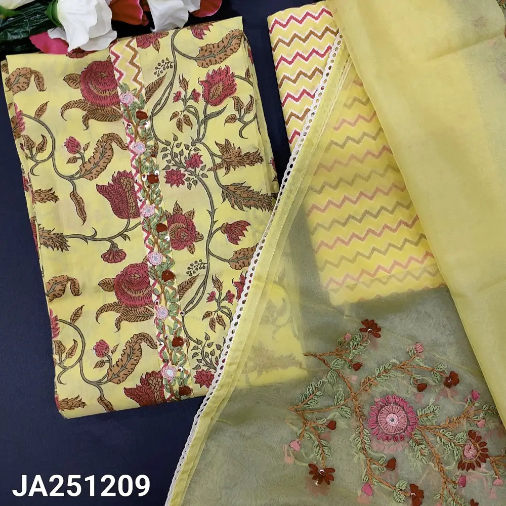 CODE JA251209: Pastel yellow printed premium cotton unstitched salwar material hand embroidered on yoke(lining