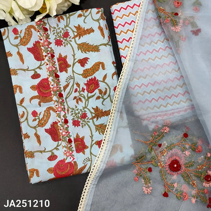 CODE JA251210: Bluish grey printed premium cotton unstitched salwar material hand embroidered on yoke(lining