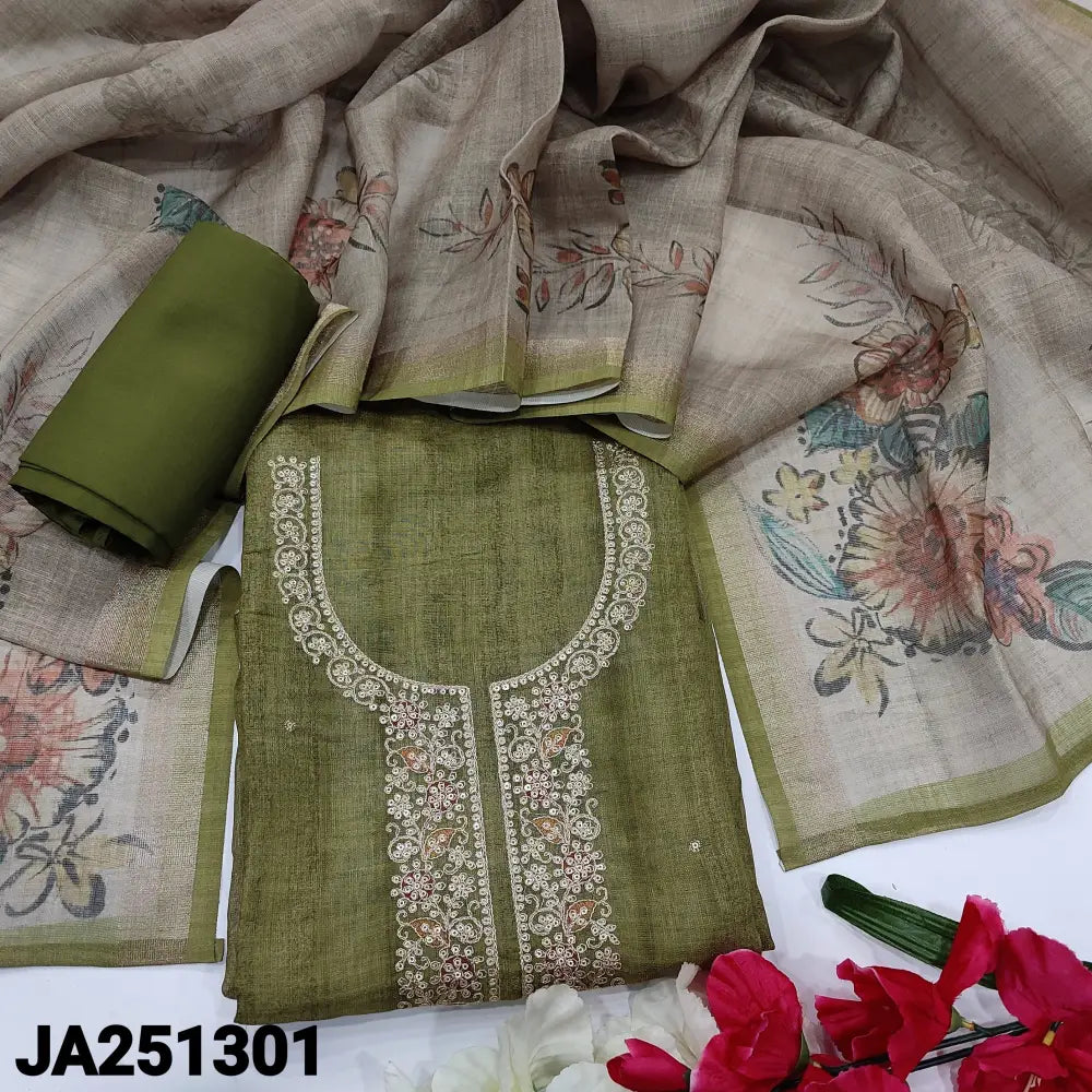 CODE JA251301: Olive green tissue linen unstitched salwar material zari& sequins work on yoke &front(thin fabric lining