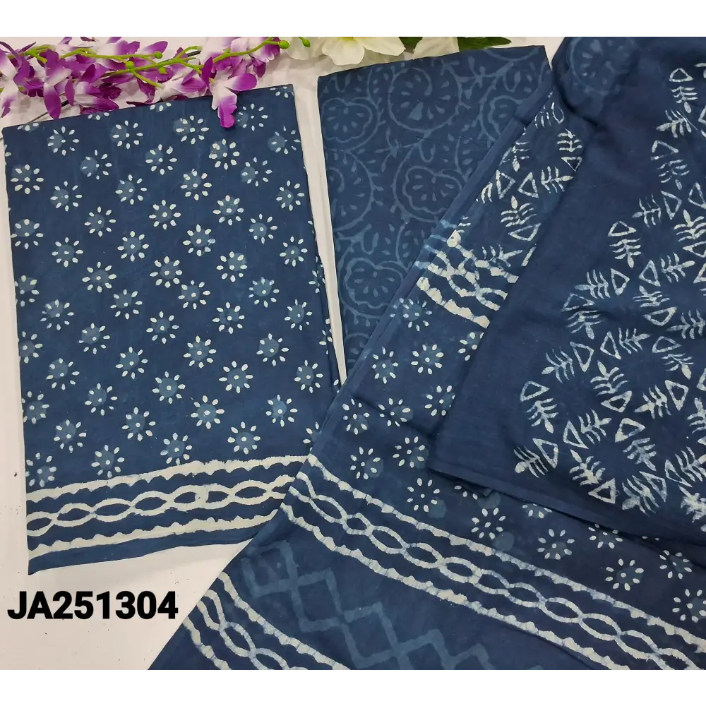CODE JA251304: Indigo blue hand block printed pure cotton unstitched salwar material(lining needed)hand block printed