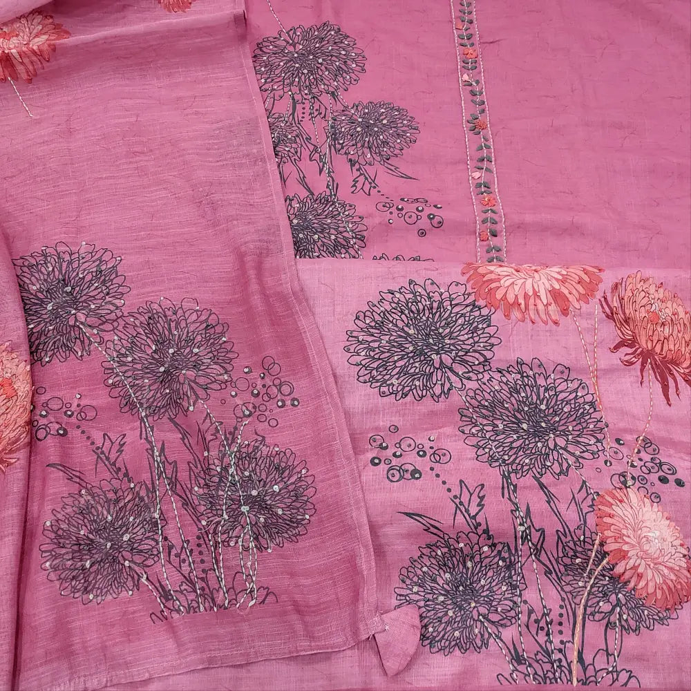 CODE JA251305: Pink abstract printed semi linen unstitched salwar material hand embroidered on yoke& front(lining