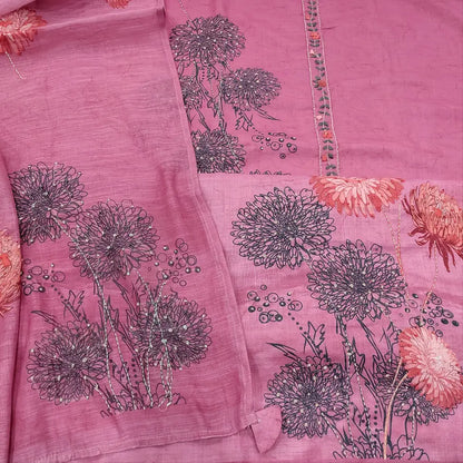 CODE JA251305: Pink abstract printed semi linen unstitched salwar material hand embroidered on yoke& front(lining