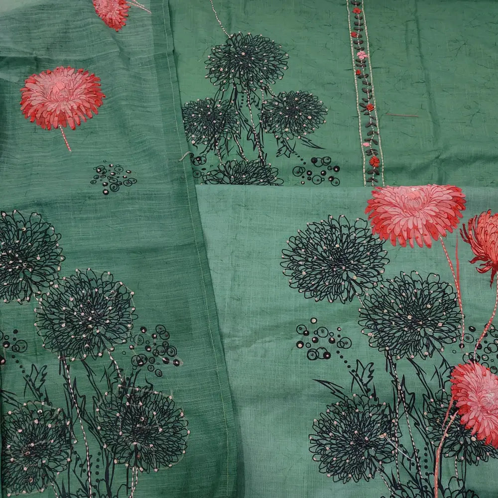 CODE JA251306: Turquoise green abstract printed semi linen unstitched salwar material hand embroidered on yoke&