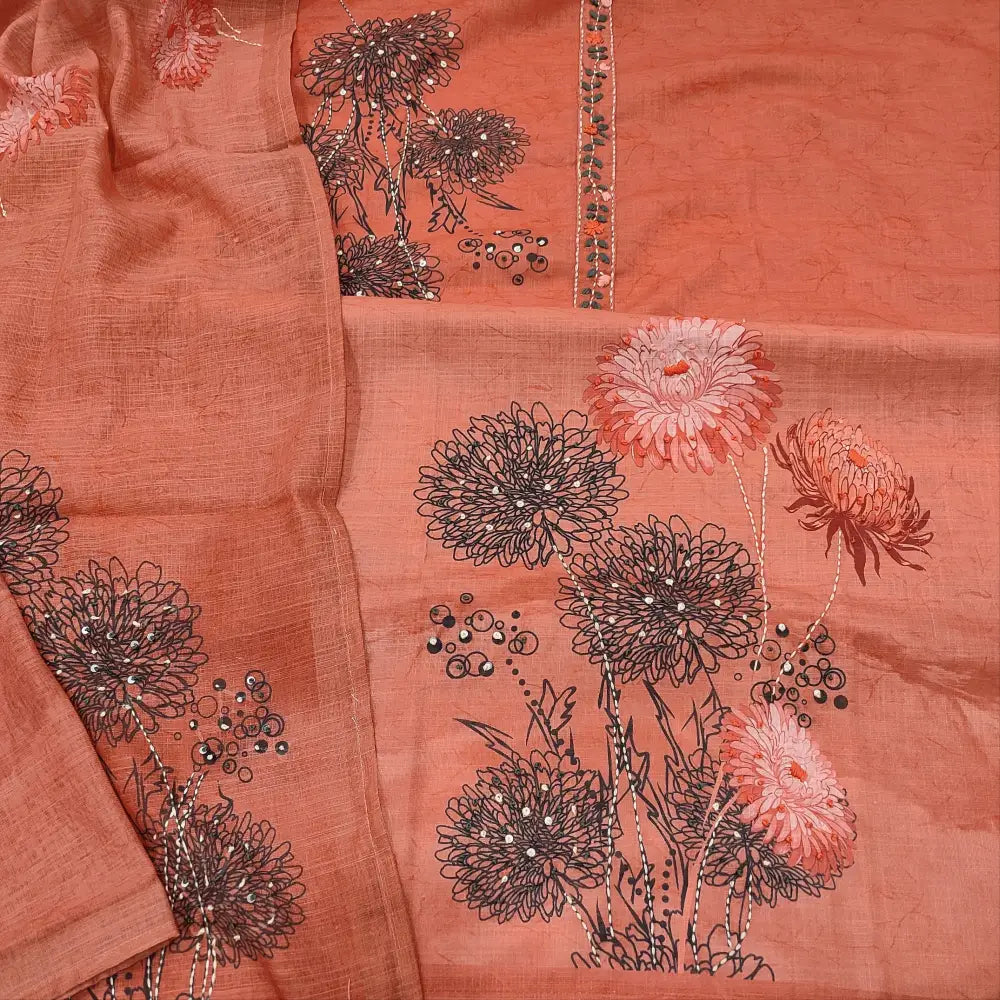 CODE JA251307: Dark peach abstract printed semi linen unstitched salwar material hand embroidered on yoke& front(lining