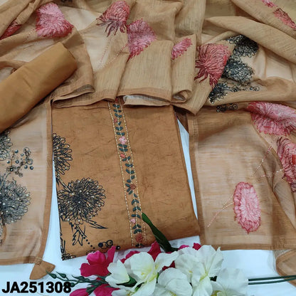 CODE JA251308: Light peach abstract printed semi linen unstitched salwar material hand embroidered on yoke&