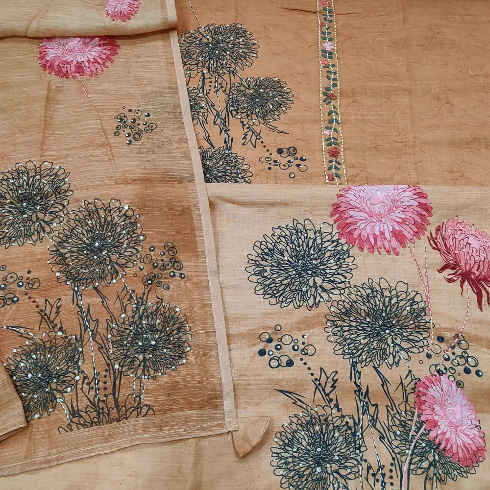 CODE JA251308: Light peach abstract printed semi linen unstitched salwar material hand embroidered on yoke&