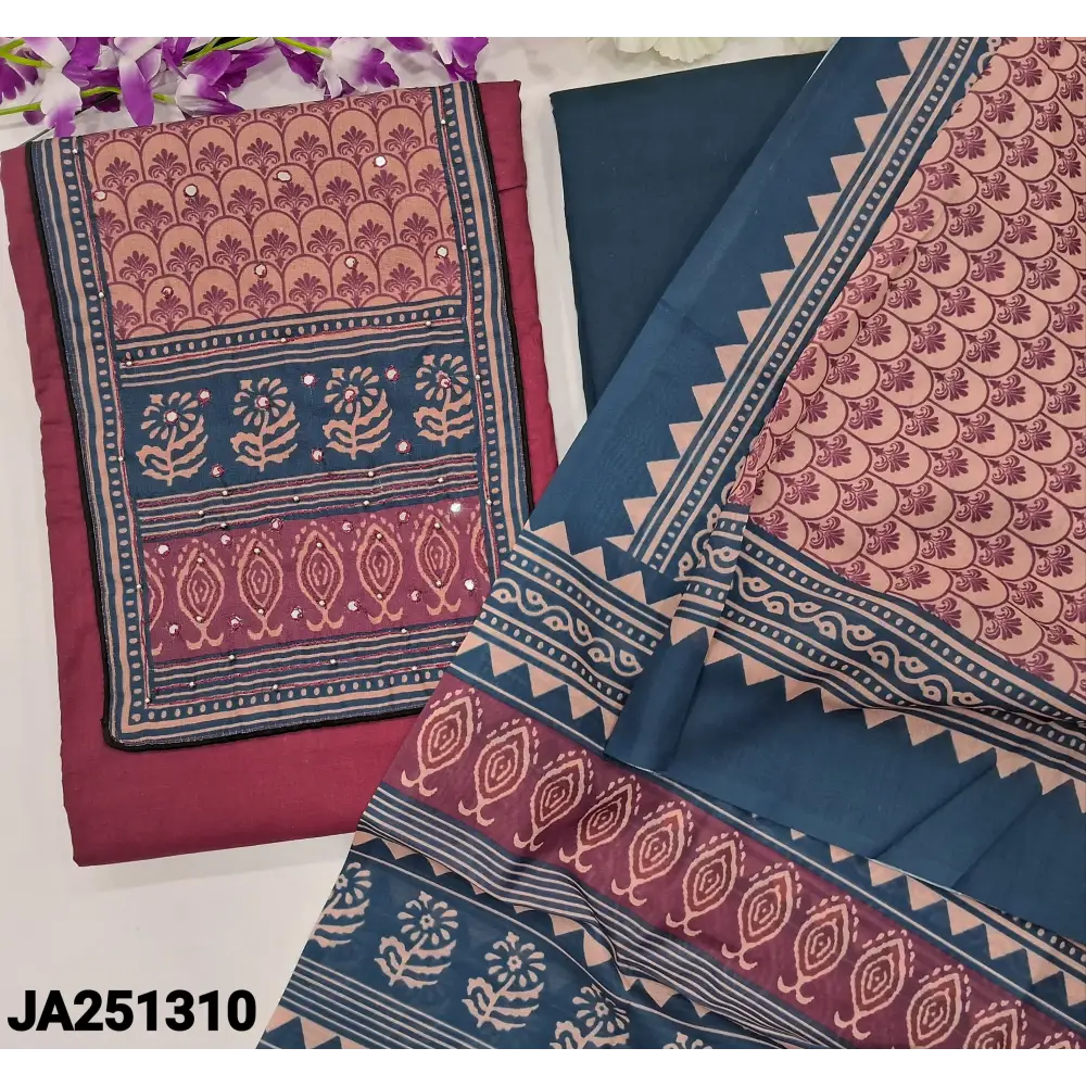 CODE JA251310: Reddish maroon satin cotton unstitched salwar material printed yoke with faux mirror& bead work(lining