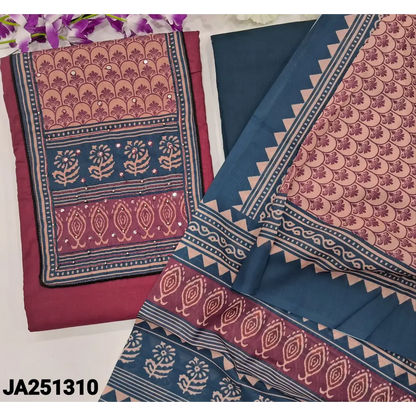 CODE JA251310: Reddish maroon satin cotton unstitched salwar material printed yoke with faux mirror& bead work(lining