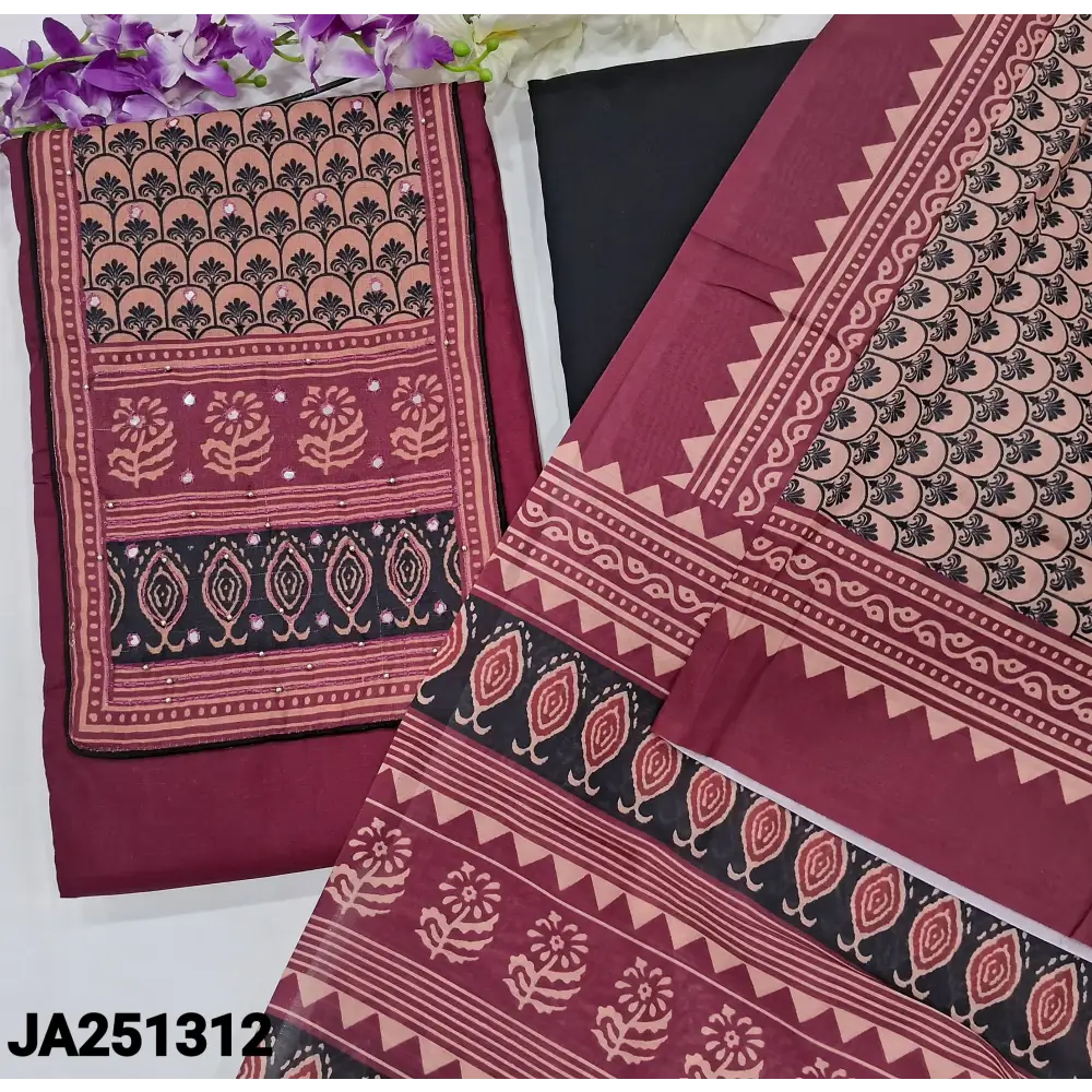 CODE JA251312: Beetroot purple satin cotton unstitched salwar material printed yoke with faux mirror& bead work(lining