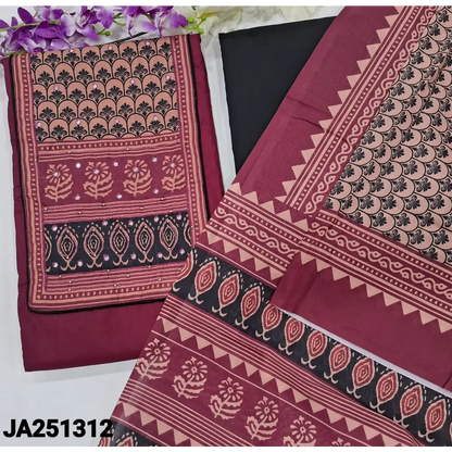 CODE JA251312: Beetroot purple satin cotton unstitched salwar material printed yoke with faux mirror& bead work(lining