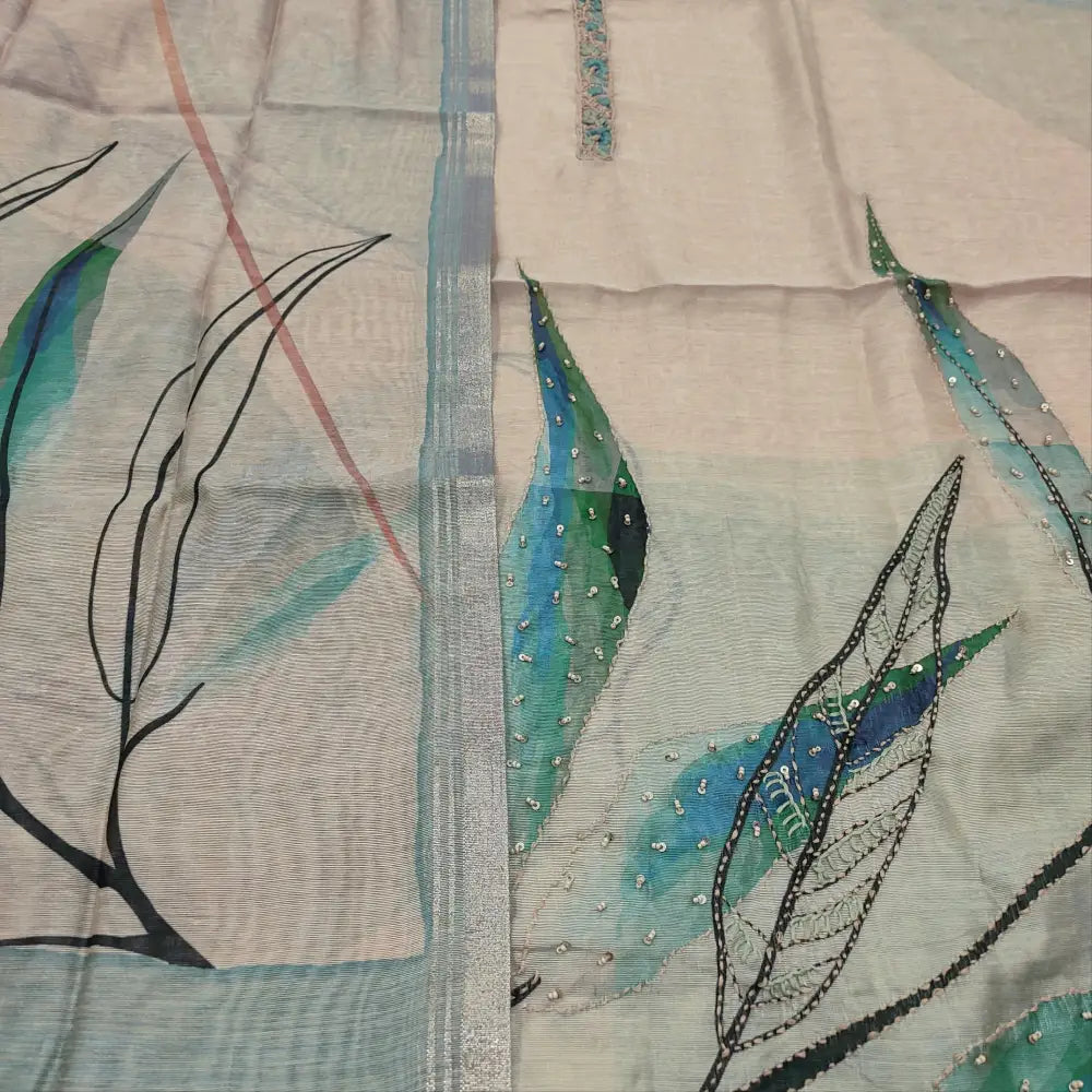 CODE JA251401: Rich beige designer digital printed premium silk cotton unstitched salwar material hand embroidered