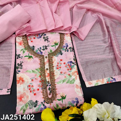 CODE JA251402: Pink printed semi gicha unstitched salwar material heavy bead &stone work(thin fabric lining