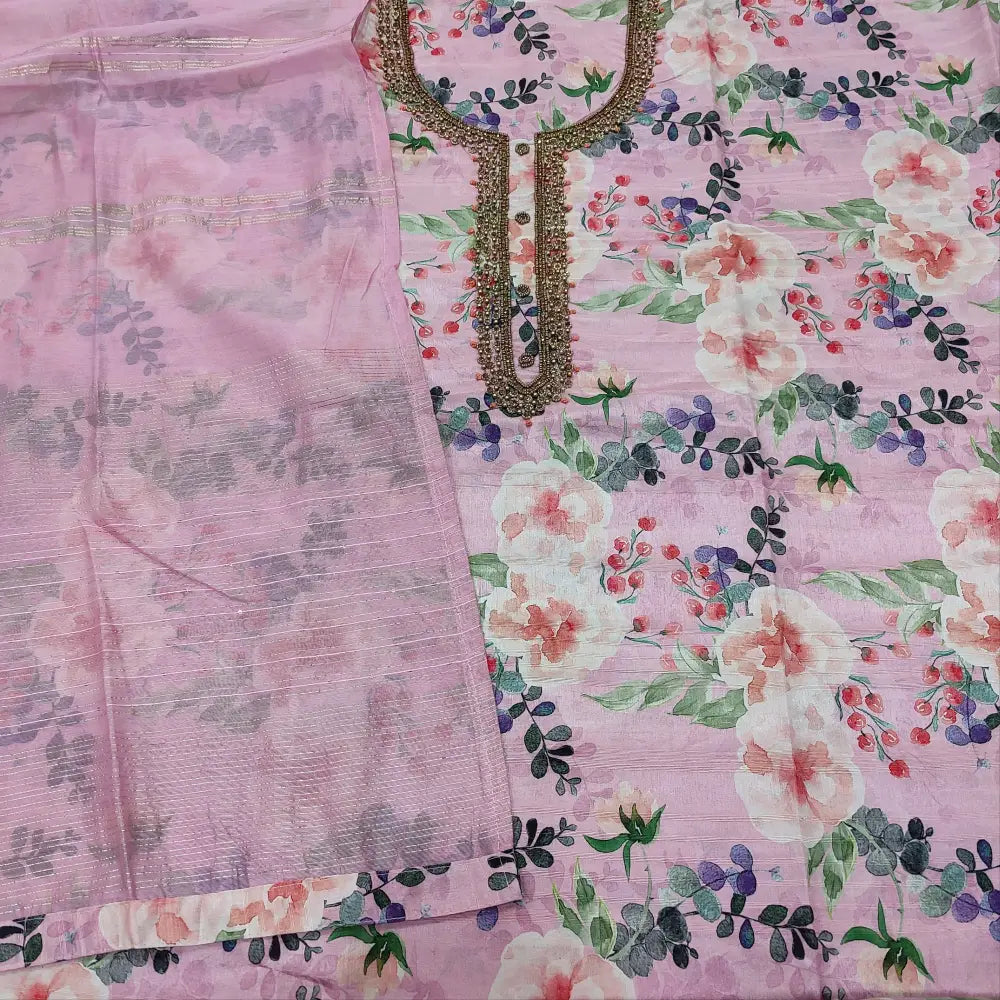 CODE JA251402: Pink printed semi gicha unstitched salwar material heavy bead &stone work(thin fabric lining